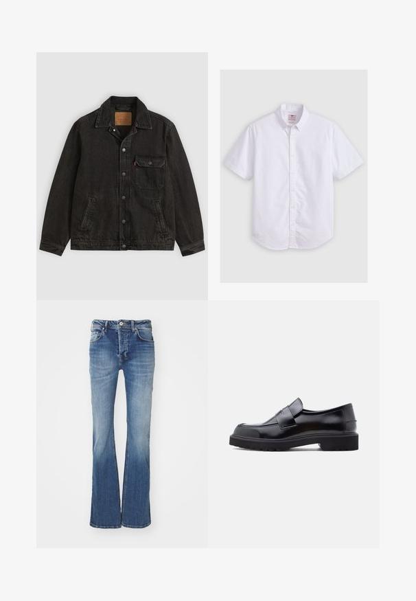 Schwarze Jeansjacke mit Kragen, vorderer Knopfleiste, einer Brusttasche mit Knopf und zwei Seitentaschen.; Kurze weiße Baumwollbluse mit Button-Down-Kragen, subtiler Textur, abgerundetem Saum und traditioneller Knopfleiste.; Ausgestellte blaue Jeans aus Denim mit mittlerem Waschungsgrad, im Fünf-Taschen-Design und mit Knopfverschluss. Verfügt über eine ausgebleichte Textur und leichte Abnutzungsspuren.; Schwarzer Leder Slipper mit elegantem Design, abgerundeter Schuhspitze und dicker, strukturierten Gummisohle. Mit einem dekorativen Riemen quer über der Vorderseite.