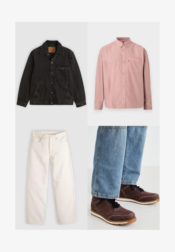 Schwarze Jeansjacke mit Kragen, vorderer Knopfleiste, einer Brusttasche mit Knopf und zwei Seitentaschen.; Langärmliges, pinkes Hemd mit Knöpfen, einer Brusttasche und einem Button-down-Kragen, vor einem einfarbigen Hintergrund präsentiert.; Cremeweiße Jeans mit geradem Bein, fünf Taschen, Gürtelschlaufen, Knopfverschluss und sichtbaren Nähten auf hellem Hintergrund.; Braune Lederschuhe mit schwarzen Schnürsenkeln, weißer Naht und gummierter Sohle. Kombiniert mit hellblauen Denim-Jeans in leicht lockerer Passform.
