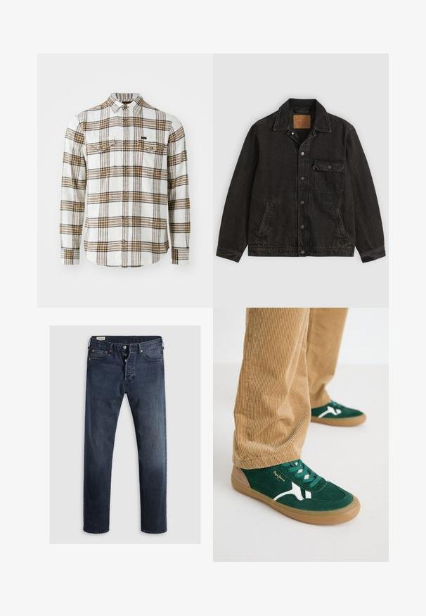 Sort denimjakke med krave, forreste knaplukning, en brystlomme med knap og to sidelommer.; Lee CLEAN WESTERN - Skjorter - ecru ochre plaid; Mørkeblue denimjeans med lige ben, der har lynlås i fly, metalknapper og kobbernitter. Glat tekstur, ingen synlige mønstre.; Grønne svineder sko med hvide accenter og grønne snørebånd. Gummisål, rund tå og tan detaljer på hælen. Båret med fløjl bukser.