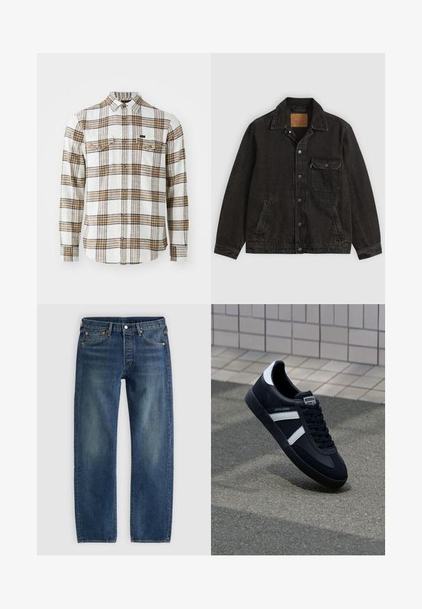 Sort denimjakke med krave, forreste knaplukning, en brystlomme med knap og to sidelommer.; Lee CLEAN WESTERN - Skjorter - ecru ochre plaid; Blå straight-leg denim jeans med fem lommer og kobbernitter, vist fladt på en lysegrå baggrund.; Sort lædersneaker med hvide striber, tekstureret gummisål og snørrebånd foran. Har et brandet mærke på tungen.
