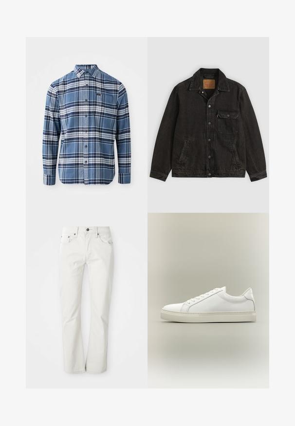 Schwarze Jeansjacke mit Kragen, vorderer Knopfleiste, einer Brusttasche mit Knopf und zwei Seitentaschen.; Blau-weißer kariert Langarmhemd aus Baumwolle; mit Button-Down-Kragen; verfügt über ein kleines Logo-Patch auf der Brusttasche.; Helle Jeans aus Baumwollmischung. Gerades Bein-Design mit Fünf-Taschen-Stil und Metallknopfverschluss. Glatte Textur.; Weißer Sneaker mit niedrigem Schaft, vorn mit Schnürung und dicker Sohle, aus der Seitenansicht vor neutralem Hintergrund.