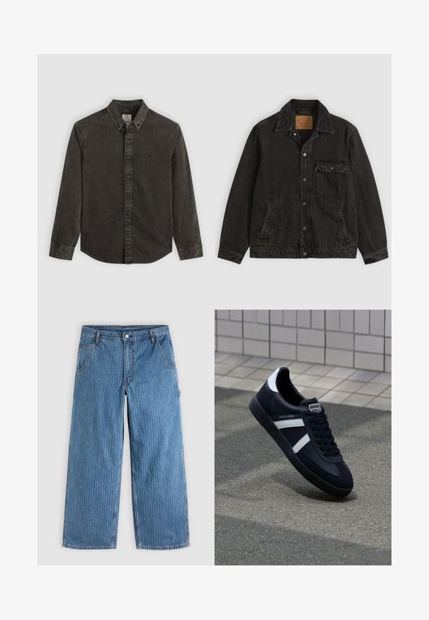 Veste en jean noire avec col, fermeture boutonnée à l'avant, une poche poitrine boutonnée et deux poches latérales.; Chemise en denim gris foncé avec manches longues, col boutonné et fermeture à l'avant par boutons. Possède des coutures décoratives et un petit logo sur la poitrine.; Jean bleu à jambes larges avec fines rayures verticales blanches, poches avant, passants pour ceinture et fermeture par bouton à la taille.; Sneaker en cuir noir avec des rayures blanches, semelle en caoutchouc texturée et devant à lacets. Présente une étiquette de marque sur la languette.