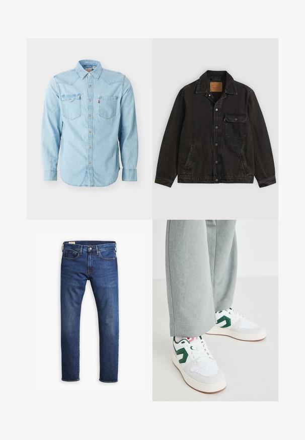 Sort denimjakke med krave, forreste knaplukning, en brystlomme med knap og to sidelommer.; Lys blå denim skjorte med lange ærmer, spids krave, to brystlommer, sølvnapsknapper og kontrastsyninger. Glat tekstur.; Blå denimbukser med lige ben, der har fem lommer, en knap- og lynlåsgylp, samt kontrastfarvet guldstikning.; Hvide og grønne sneakers med glat læder og ruskindsmaterialer, der har en fremtrædende grøn logo-accents og hvide snørebånd. Grå bukser er delvist synlige.