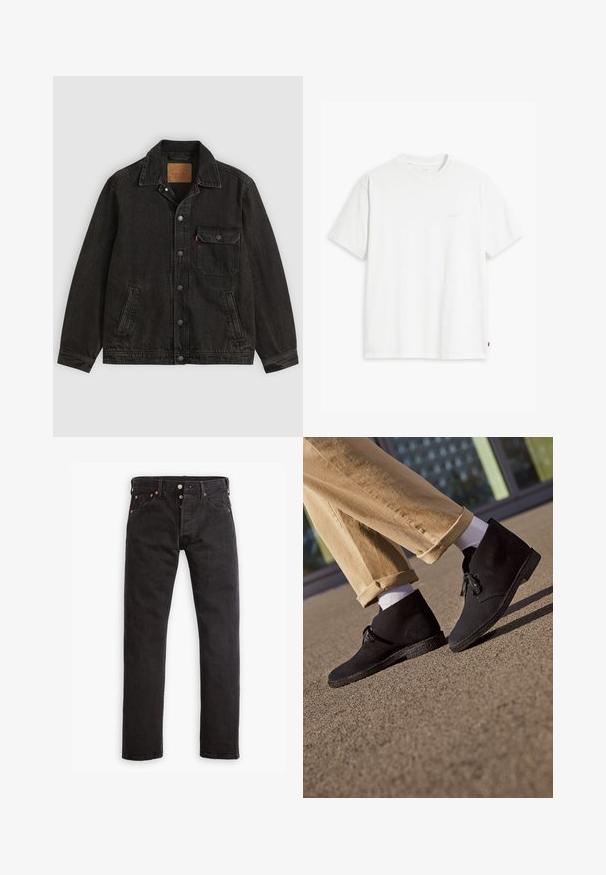 Sort denimjakke med krave, forreste knaplukning, en brystlomme med knap og to sidelommer.; Hvid t-shirt i bomuld med korte ærmer, rund halsudskæring og en diskret "Levi's"-logo trykt i lyse farver på forsiden.; Sorte slim-fit jeans med knapåbning, fem lommer og kobbernitter liggende fladt på en hvid baggrund.; Sorte ankelstøvler i ruskind med en struktureret sål, featuring en rund tå og snørebånd, parret med rullede kaki-bukser og hvide sokker.