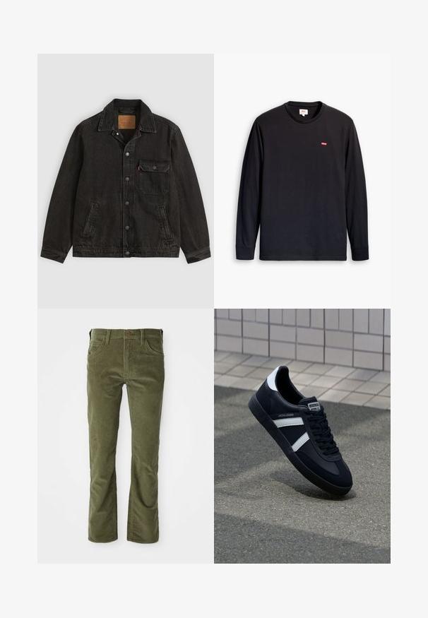 Sort denimjakke med krave, forreste knaplukning, en brystlomme med knap og to sidelommer.; Sort langærmet t-shirt lavet af bomuld. Har rund halsudskæring og et lille rødt logo på brystet. Glat tekstur, almindelig pasform.; Olivengrønne fløjlsbukser med forlommer, bæltestropper, knaplukning og let udvidelse ved benåbningerne.; Sort lædersneaker med hvide striber, tekstureret gummisål og snørrebånd foran. Har et brandet mærke på tungen.