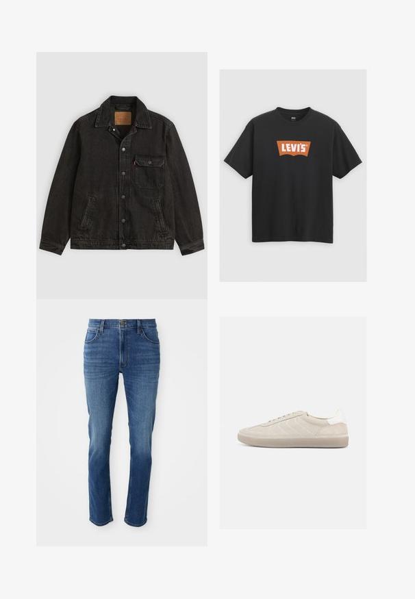 Veste en jean noire avec col, fermeture boutonnée à l'avant, une poche poitrine boutonnée et deux poches latérales.; T-shirt en coton noir avec un grand logo orange de Levi's sur le devant, manches courtes et col rond.; Jean en denim bleu avec une coupe droite, cinq poches et une fermeture éclair. Présente une décoloration subtile et des coutures contrastantes le long des coutures.; Baskets en daim beige avec une tige texturée, un contrefort de talon blanc lisse, de fines lacets et une semelle extérieure en caoutchouc. Présente un design bas profil.
