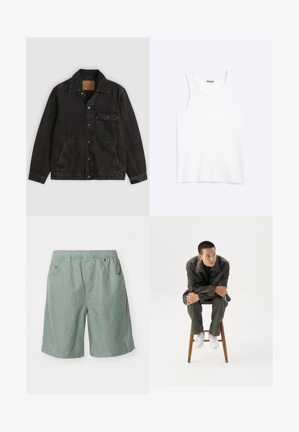 Sort denimjakke med krave, forreste knaplukning, en brystlomme med knap og to sidelommer.; Hvid ærmeløs tanktop med rund halsudskæring og Weekday-mærke på den indvendige baghals, vist fladt på lys baggrund.; Lys grønne shorts lavet af struktureret stof med elastisk talje, der har to sidelommer og minimale syninger.; Ung mand i mørk læderjakke og jeans sidder på en træskammel, læner sig fremad med armene krydset og kigger til siden mod hvid baggrund.