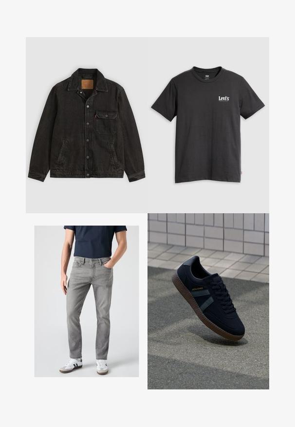 Schwarze Jeansjacke mit Kragen, vorderer Knopfleiste, einer Brusttasche mit Knopf und zwei Seitentaschen.; Schwarzes Baumwoll-T-Shirt mit kurzen Ärmeln, Rundhalsausschnitt und weißem "Levi's"-Logo auf der linken Brust. Weiche Textur, legerer Schnitt.; Mann trägt graue Slim-Fit-Jeans, weiße Sneaker mit schwarzen Streifen und ein dunkelblaues kurzärmeliges Hemd, steht mit einer Hand in der Tasche.; Schwarze Sneaker mit strukturierter Oberfläche, dunkelgrünen Streifen und brauner Gummisohle. Mit Schnürung und Branding an der Seite.