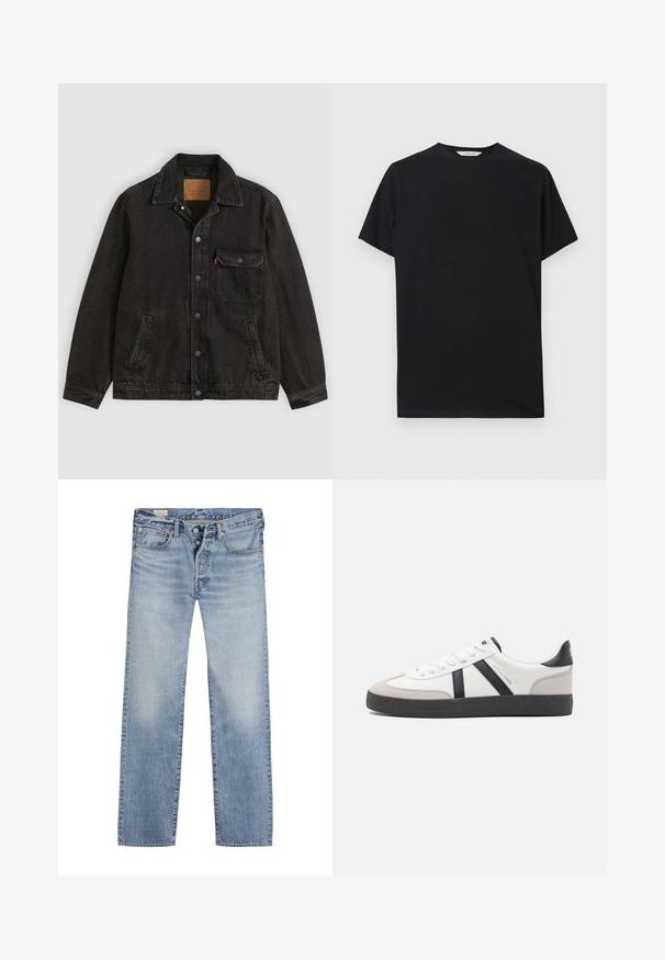 Schwarze Jeansjacke mit Kragen, vorderer Knopfleiste, einer Brusttasche mit Knopf und zwei Seitentaschen.; Schwarzes T-Shirt mit kurzen Ärmeln aus weichem Baumwollstoff. Rundhalsausschnitt mit lockerer Passform, das saubere, einfache Linien aufweist und keine sichtbaren Muster hat.; Helle blaue Jeans mit geradem Bein, ausgestattet mit einem Knopfverschluss, einem Fünf-Taschen-Design und einem ausgewaschenen Effekt an den Oberschenkeln.; Weiße Sneaker mit schwarz- und grau-aczenten, ausgestattet mit einer strukturierten grauen Zehenkappe, schwarzer Gummi-Sohle und flachen weißen Schnürsenkeln. Sauberes Design, minimalistische Stil.