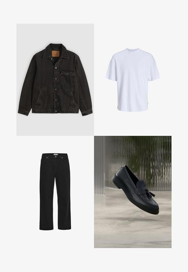 Schwarze Jeansjacke mit Kragen, vorderer Knopfleiste, einer Brusttasche mit Knopf und zwei Seitentaschen.; Weißes Baumwoll-T-Shirt mit rundem Ausschnitt und kurzen Ärmeln. Hat eine lockere Passform und eine glatte Textur, keine sichtbaren Muster oder Akzente.; Schwarze Jeans aus Denim mit geradem Schnitt, Fünf-Taschen-Design, Kupferhardware-Akzenten und einem robusten Bund. Glatte Textur, schlichte Stil.; Schwarze Leder-Loafer mit glatter Textur, gerundeter Zehenpartie und dekorativen Quasten vorne. Flexible Gummisohle mit niedrigem Absatz.