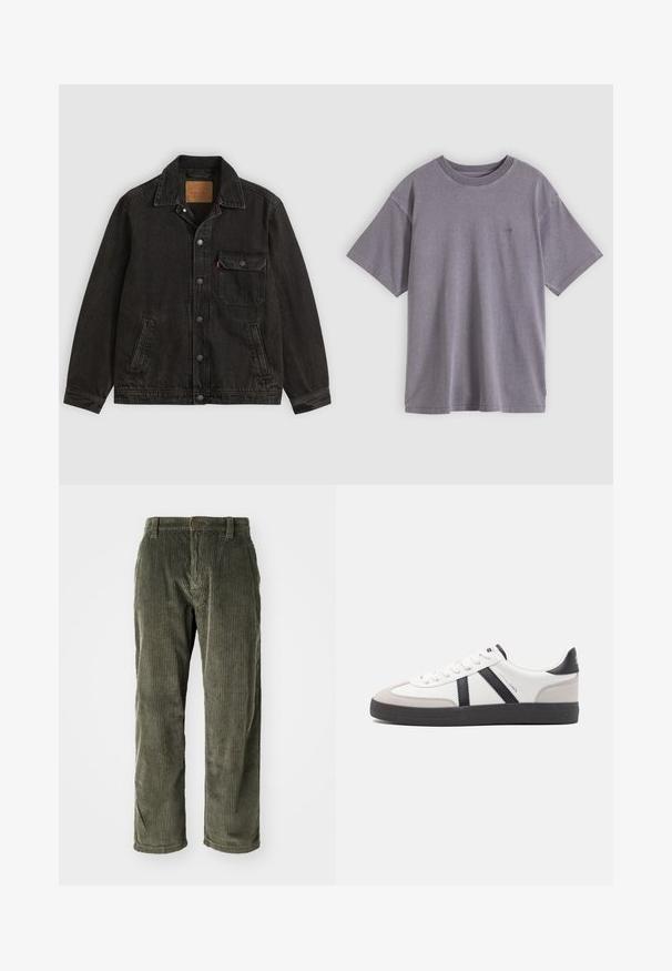Sort denimjakke med krave, forreste knaplukning, en brystlomme med knap og to sidelommer.; Grå bomulds-T-shirt med rund halsudskæring, korte ærmer og en lille trykt logo på venstre bryst. Blød tekstur og afslappet pasform.; Olivengrønne fløjlsbukser med lodrette ribber, der har knaplukning og lige ben. Blød tekstur med en klassisk pasform.; Hvide sneakers med sorte og grå detaljer, med en tekstureret grå tåhætte, sort gummisål og flade hvide snørebånd. Rent design, minimalistisk stil.