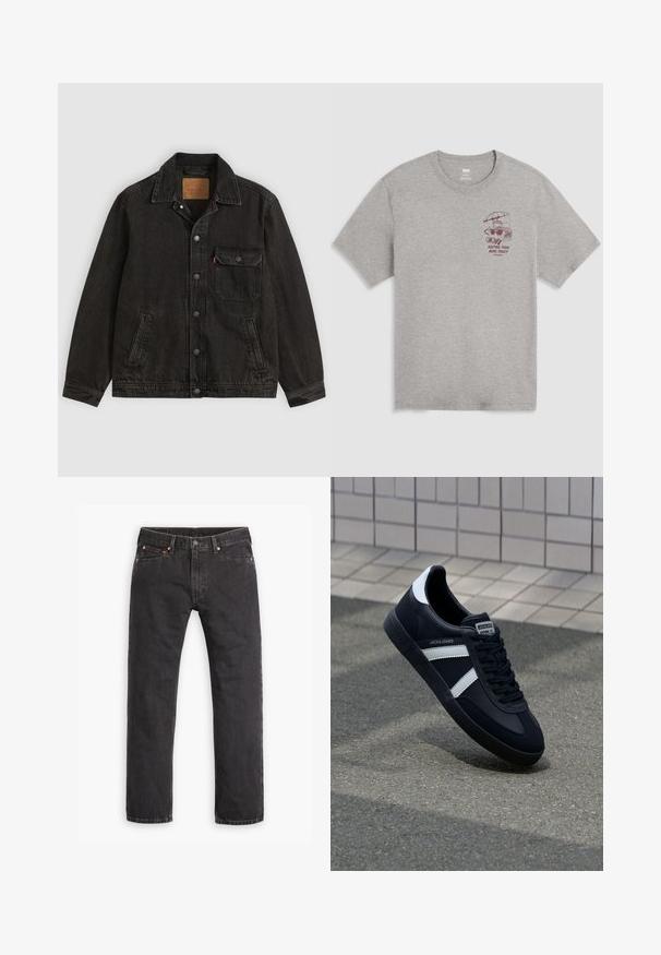 Zwarte spijkerjas met kraag, vooraan knoopsluiting, één knoopsluitende borstzak en twee zijzakken.; Lichtgrijs T-shirt met ronde hals en een kleine bordeauxrode afbeelding van een broodrooster onder een paraplu en de tekst "Keeping them buns toasty since 1873" op de linkerborst.; Zwarte denim jeans met rechte pijpen, vijf zakken, knoopsluiting en koperen klinknagels, plat gelegd op een witte achtergrond.; Zwarte leren sneaker met witte strepen, een gestructureerde rubberen zool en vetersluiting aan de voorkant. Voorzien van een merklabel op de tong.