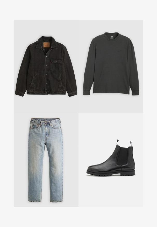 Sort denimjakke med krave, forreste knaplukning, en brystlomme med knap og to sidelommer.; Langærmet t-shirt lavet af mørkegrå bomuld, med rund halsudskæring og blød tekstur, samt et subtilt logo trykt på forsiden.; Lysblå denim jeans med høj talje, frontknap, lynlås og fem-lomme design, lagt fladt på en neutral baggrund.; Sorte læder Chelsea støvler med elastiske sidepaneler, trækkemærker og en struktureret gummisål med et slidbane mønster.