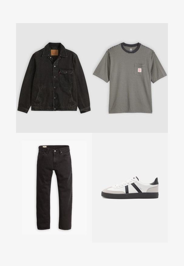 Sort denimjakke med krave, forreste knaplukning, en brystlomme med knap og to sidelommer.; Kortærmet T-shirt med striber i grå og sort, lavet af bomuldsmateriale, har en rund halsudskæring og en lille brystlomme med et mærke.; Sorte denim jeans med lige ben, der har et klassisk fem-lomme design, subtil syning og en metal knaplukning.; Hvide sneakers med sorte og grå detaljer, med en tekstureret grå tåhætte, sort gummisål og flade hvide snørebånd. Rent design, minimalistisk stil.