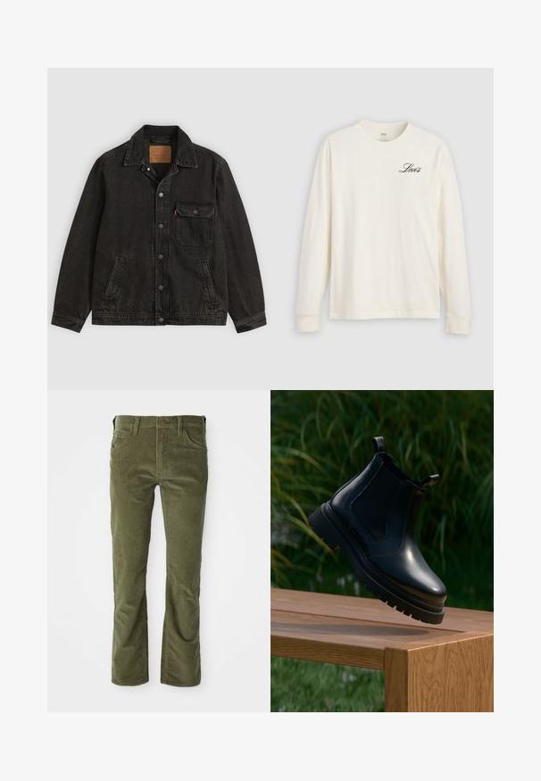 Zwarte spijkerjas met kraag, vooraan knoopsluiting, één knoopsluitende borstzak en twee zijzakken.; Wit shirt met lange mouwen en een ronde hals, met een klein zwart "Levi's" logo op de linkerbovenborst, weergegeven tegen een lichtgrijze achtergrond.; Olijfgroene corduroy broek met voorzakken, riemlussen, knoopsluiting en een lichte flare bij de beenopeningen.; Zwarte leren chelsea boot met een ronde neus, dikke rubberen zool en zij-elastische panelen, gepresenteerd op een houten oppervlak met groen in de achtergrond.