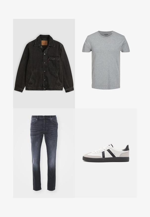 Chaqueta vaquera negra con cuello, cierre frontal de botones, un bolsillo en el pecho con botón y dos bolsillos laterales.; Camiseta gris de manga corta hecha de suave algodón. Presenta un cuello redondo clásico y un corte regular. Diseño sencillo sin patrones ni acentos.; Vaqueros de mezclilla gris oscuro con un diseño clásico de pierna recta, que incluyen bolsillos frontales, cremallera con cierre de botón y un ligero desgastado.; Zapatilla blanca con acentos en negro y gris, que presenta una puntera texturizada en gris, suela de goma negra y cordones planos blancos. Diseño limpio, estilo minimalista.