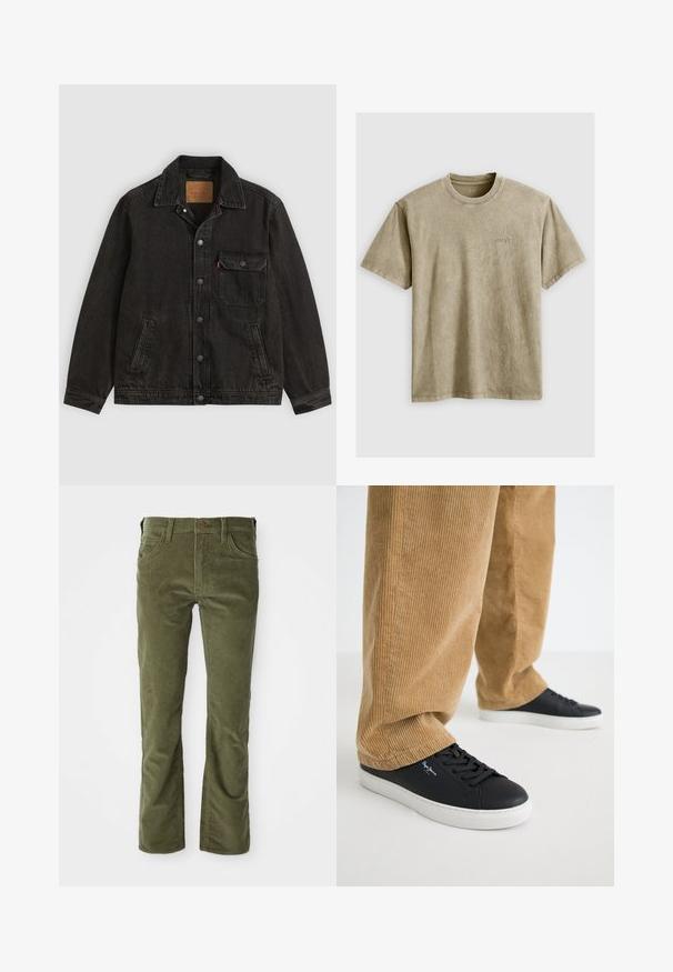 Zwarte spijkerjas met kraag, vooraan knoopsluiting, één knoopsluitende borstzak en twee zijzakken.; Lichtbruin, T-shirt met korte mouwen en ronde hals, gemaakt van zachte stof. Heeft een klein, geborduurd logo op de borst.; Olijfgroene corduroy broek met voorzakken, riemlussen, knoopsluiting en een lichte flare bij de beenopeningen.; Zwarte leren sneakers met witte rubberen zolen. Draagt een paar tan corduroy broeken met verticale ribbels en een ontspannen pasvorm.