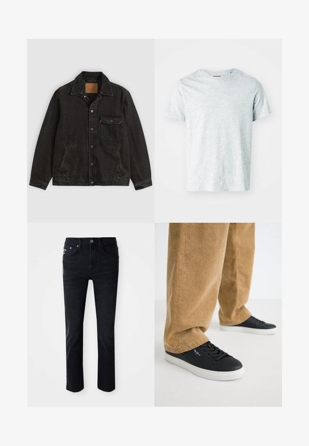 Čierna rifľová bunda s golierom, predné zapínanie na gombíky, jedna zapínateľná náprsní vrecko a dve bočné vrecká.; Svetlo šedé tričko s krátkym rukávom vyrobené z mäkkej tkaniny, s okrúhlym výstrihom a mierne voľným strihom. Žiadne viditeľné vzory ani grafika.; Čierne denimové nohavice so strihom rovného nohavice, ktoré majú päť vreciek, zips a kovové doplnky, s hladkou textúrou.; Čierne kožené tenisky s bielymi gumovými podrážkami. Nosené s hnedými kordové nohavicami so zvislými ryhami a voľným strihom.
