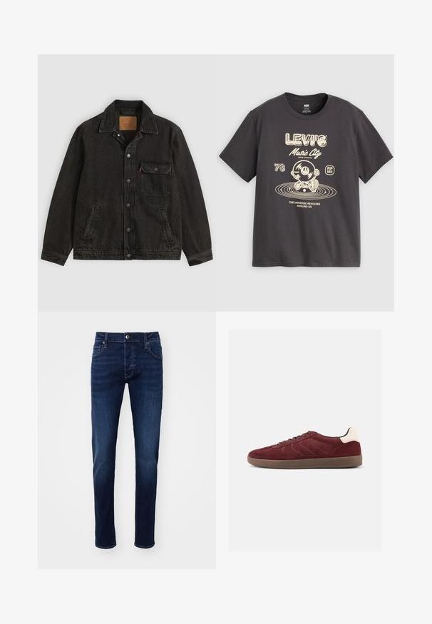 Zwarte spijkerjas met kraag, vooraan knoopsluiting, één knoopsluitende borstzak en twee zijzakken.; Donkergrijs Levi's T-shirt met beige afbeelding van een lopende vinylplaat, tekst "Music City," "73," en "The universe revolves around us."; Donkerblauwe slim-fit spijkerbroek met knoop aan de voorkant, zakken, riemlussen en subtiele vervaging details op de benen.; Bordeauxrode suède sneaker met veterband aan de voorkant, gestructureerde zijdetails en een lichtgekleurde hielaccent. Rubberzool met een gladde afwerking.