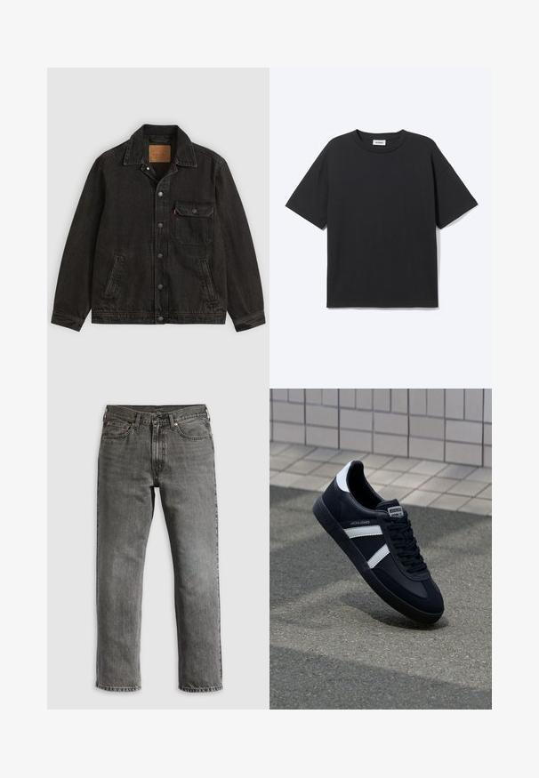Sort denimjakke med krave, forreste knaplukning, en brystlomme med knap og to sidelommer.; Sort T-shirt med korte ærmer og rund hals med afslappet pasform, forfra, ensfarvet design og synligt Weekday-mærke inde i kraven.; Grå denimjeans med straight-fit ben, udstyret med fem lommer, kobbernitter og synlig syning. Klassisk design med lynlås.; Sort lædersneaker med hvide striber, tekstureret gummisål og snørrebånd foran. Har et brandet mærke på tungen.