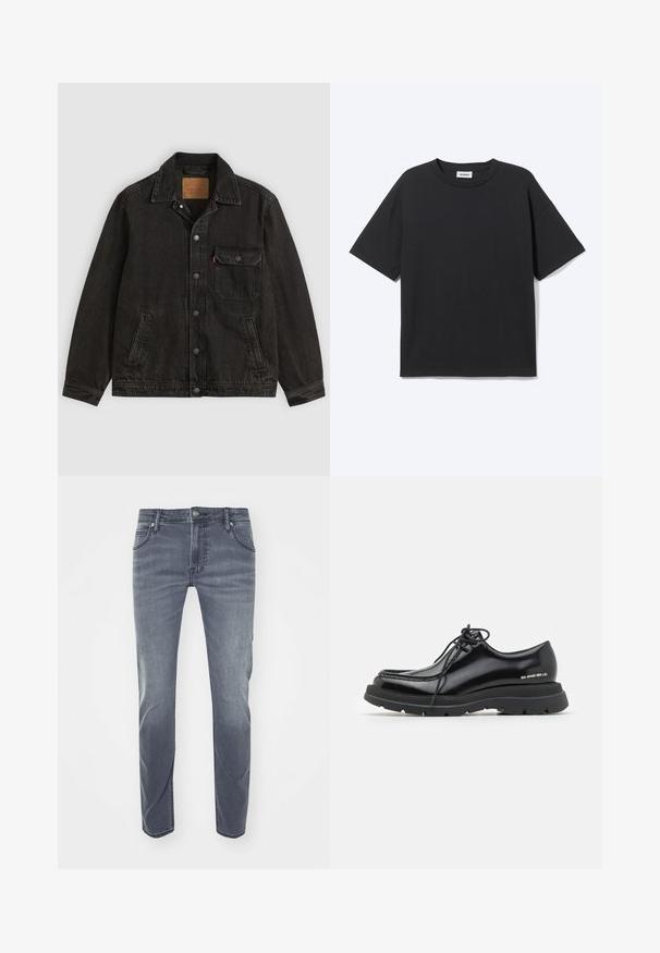 Sort denimjakke med krave, forreste knaplukning, en brystlomme med knap og to sidelommer.; Sort T-shirt med korte ærmer og rund hals med afslappet pasform, forfra, ensfarvet design og synligt Weekday-mærke inde i kraven.; Mørkeblå denimjeans med lige ben, subtil falming, bæltesløjfer, forlommer og et lille logo på livet.; Sorte læder dressko med rund tå, tyk gummisål, snørebåndsdesign og markant syning langs kanten.