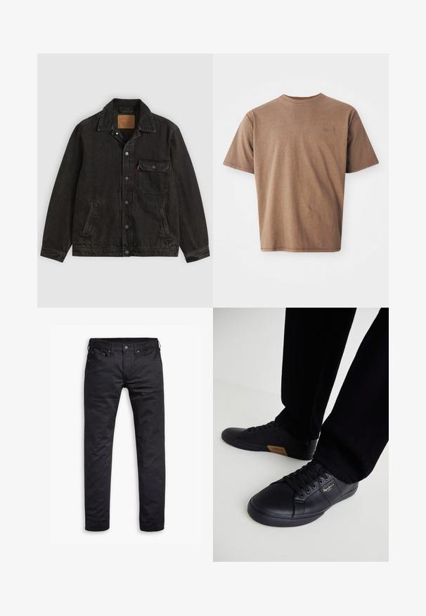 Schwarze Jeansjacke mit Kragen, vorderer Knopfleiste, einer Brusttasche mit Knopf und zwei Seitentaschen.; Braunes Baumwoll-T-Shirt mit Rundhalsausschnitt, kurzen Ärmeln und einem dezenten gestickten Logo auf der linken Brustseite. Glatte Textur, lockerer Schnitt.; Schwarze Slim-Fit-Jeans mit Fronttaschen, Gürtelschlaufen und Knopfverschluss, flach auf einem weißen Hintergrund präsentiert.; Schwarze Sneakers aus Leder mit schlankem Design, ausgestattet mit einer strukturierten Oberfläche, runder Schuhspitze und schwarzen Schnürsenkeln. Goldenes Logo-Detail an der Seite.