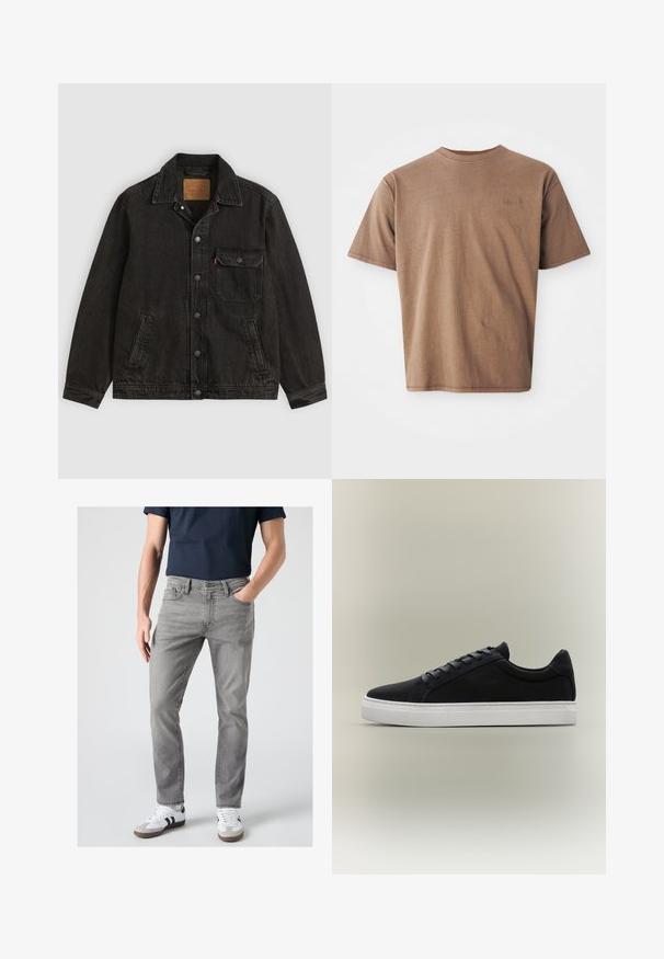 Zwarte spijkerjas met kraag, vooraan knoopsluiting, één knoopsluitende borstzak en twee zijzakken.; Bruine katoenen t-shirt met ronde hals, korte mouwen en een discreet geborduurd logo op de linkerborst. Soepele structuur, relaxte pasvorm.; Man draagt grijze slim-fit jeans, witte sneakers met zwarte strepen en een donkerblauw shirt met korte mouwen, staand met één hand in de zak.; Zwarte lage sneaker met witte rubberen zool, vetersluiting en gevoerde kraag, weergegeven tegen een neutrale grijze achtergrond.