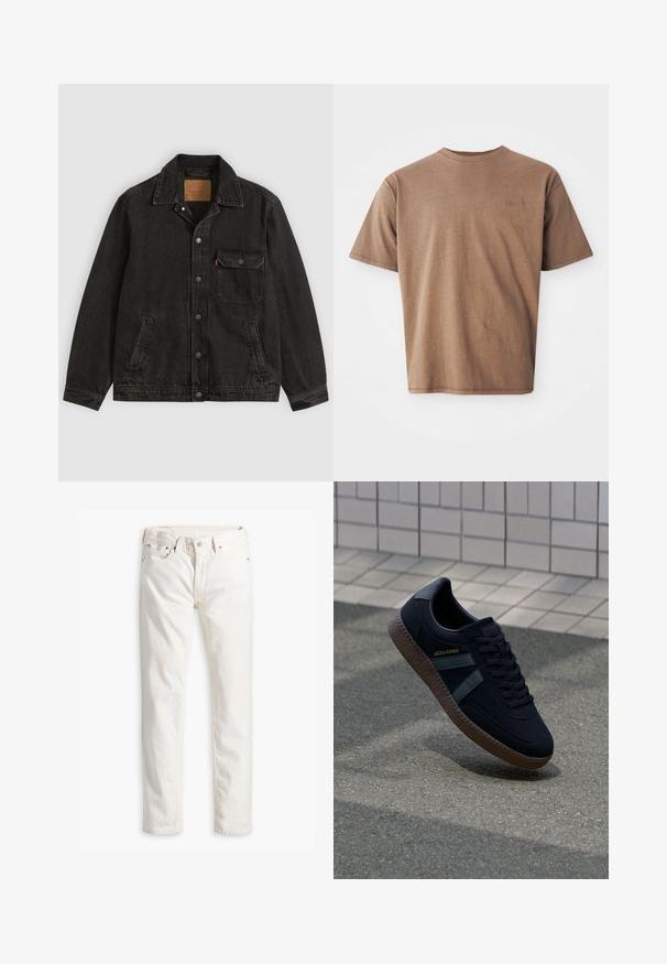 Schwarze Jeansjacke mit Kragen, vorderer Knopfleiste, einer Brusttasche mit Knopf und zwei Seitentaschen.; Braunes Baumwoll-T-Shirt mit Rundhalsausschnitt, kurzen Ärmeln und einem dezenten gestickten Logo auf der linken Brustseite. Glatte Textur, lockerer Schnitt.; Weiße Jeans im geraden Schnitt, fünf Taschen, Kupferknopf und Nieten sowie einem dezent strukturierten Stoff. Keine sichtbaren Muster.; Schwarze Sneaker mit strukturierter Oberfläche, dunkelgrünen Streifen und brauner Gummisohle. Mit Schnürung und Branding an der Seite.