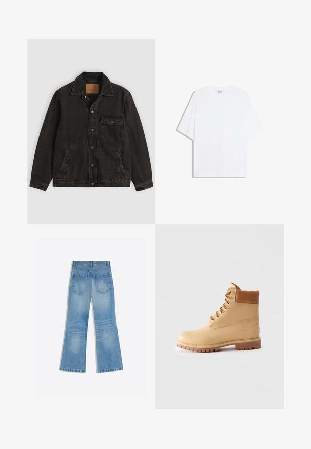Schwarze Jeansjacke mit Kragen, vorderer Knopfleiste, einer Brusttasche mit Knopf und zwei Seitentaschen.; Weißes, übergroßes Baumwoll-T-Shirt mit rundem Ausschnitt und kurzen Ärmeln; glatte Textur, keine sichtbaren Muster oder Akzente.; Hellblaue Jeans aus Denim mit hoher Taille, weiten Beinen und zwei Gesäßtaschen, flach auf weißem Hintergrund liegend dargestellt.; Hellbraune Leder-Ankle-Boots mit gepolstertem Kragen, goldenen Ösen, braunen Schnürsenkeln und dicker Profilsohle auf hellem, einfarbigem Hintergrund.