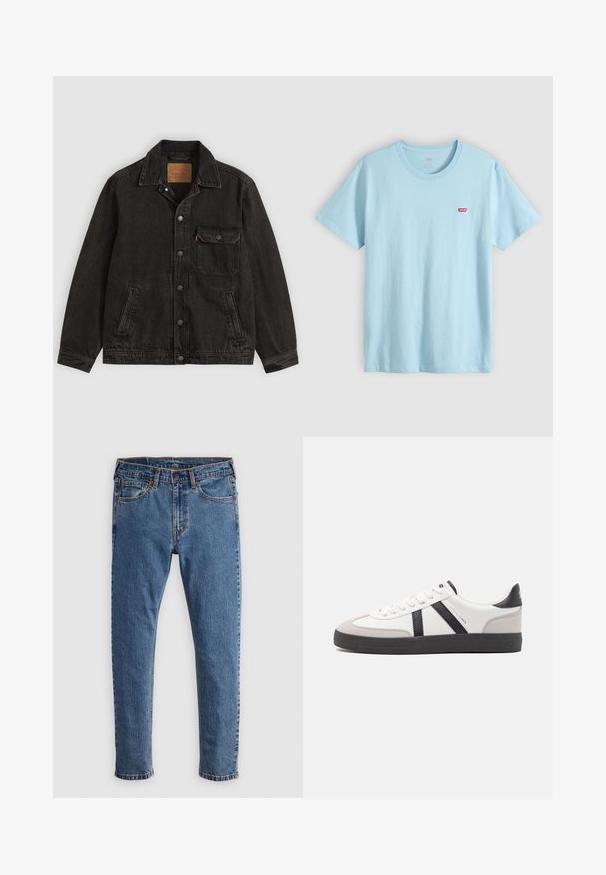 Chaqueta vaquera negra con cuello, cierre frontal de botones, un bolsillo en el pecho con botón y dos bolsillos laterales.; Camiseta de cuello redondo y manga corta de color azul claro con pequeño logo rojo de Levi's en el pecho izquierdo.; Jeans de mezclilla azul con corte recto, cinco bolsillos, costuras naranjas y un cierre clásico de botón y cremallera. Textura desgastada a lo largo de las piernas.; Zapatilla blanca con acentos en negro y gris, que presenta una puntera texturizada en gris, suela de goma negra y cordones planos blancos. Diseño limpio, estilo minimalista.