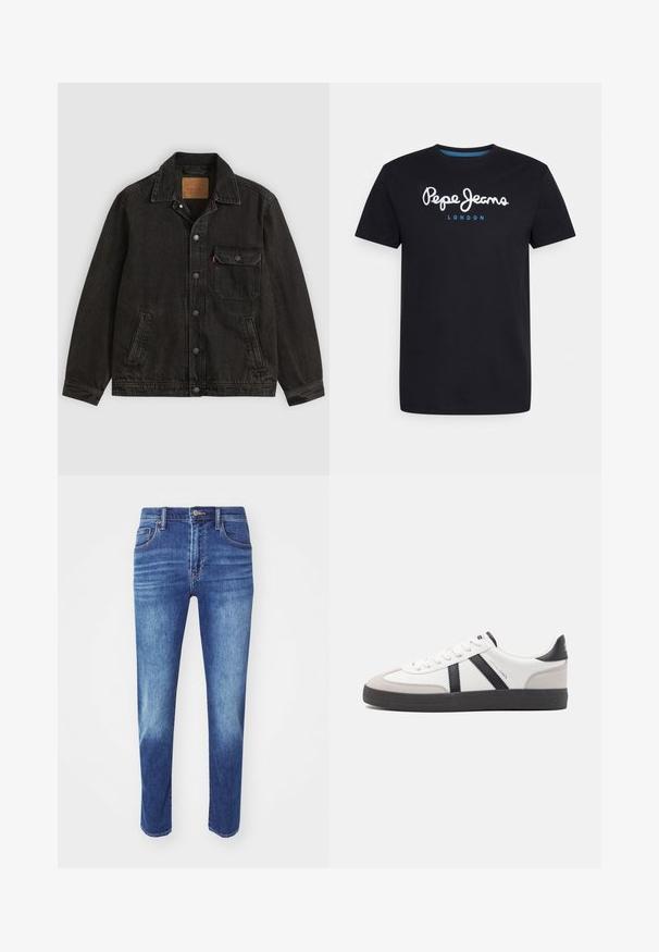 Schwarze Jeansjacke mit Kragen, vorderer Knopfleiste, einer Brusttasche mit Knopf und zwei Seitentaschen.; Schwarzes Baumwoll-T-Shirt mit einem weißen Schriftlogo "Pepe Jeans" und blauen Akzenten, Rundhals und kurzen Ärmeln. Einfaches, schlichtes Design.; Blaue Denim-Jeans mit geradem Schnitt, fünf Taschen-Design und klassischem Knopfverschluss. Merkmale sind dezente Ausbleichungen und gestickte Details.; Weiße Sneaker mit schwarz- und grau-aczenten, ausgestattet mit einer strukturierten grauen Zehenkappe, schwarzer Gummi-Sohle und flachen weißen Schnürsenkeln. Sauberes Design, minimalistische Stil.