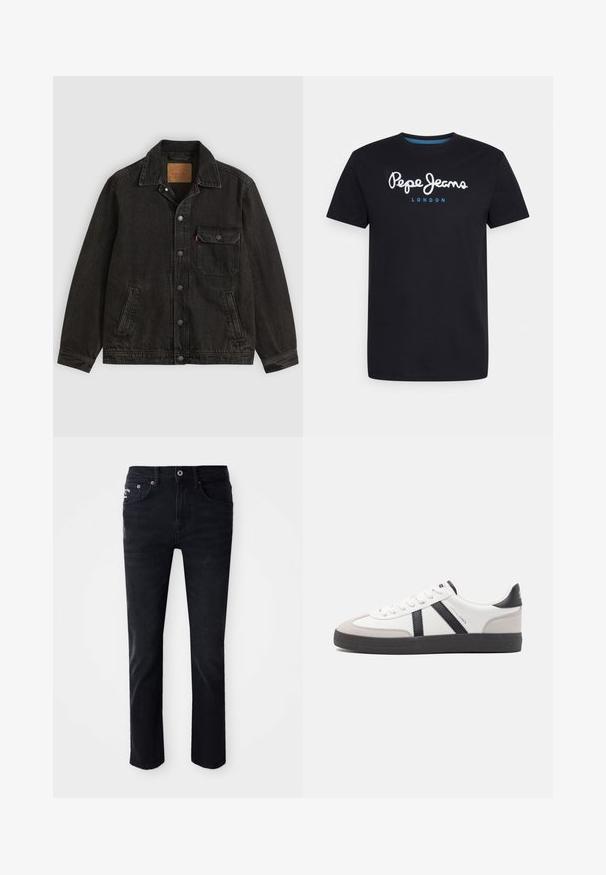 Musta denimitakki kauluksella, edessä nappikiinnitys, yksi napillinen rintatasku ja kaksi sivutaskua.; Musta puuvillainen T-paita, jossa on valkoinen käsikirjoituslogo "Pepe Jeans" sinisellä korostuksella, pyöreä kaula-aukko ja lyhyet hihat. Yksinkertainen, yhtenäinen muotoilu.; Mustat farkut suoran lahkeen muotoilulla, joissa on viisi taskua, vetoketjukiinnitys ja metalliosat, sekä sileä pinta.; Valkoiset lenkkarit mustilla ja harmailla yksityiskohdilla, joissa on teksturoitu harmaa kärki, musta kumipohja ja litteät valkoiset nauhat. Siisti muotoilu, minimalistinen tyyli.