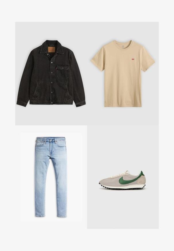 Chaqueta vaquera negra con cuello, cierre frontal de botones, un bolsillo en el pecho con botón y dos bolsillos laterales.; Camiseta beige de algodón con mangas cortas, escote redondo y un pequeño parche con el logo rojo de Levi's en el pecho. Tejido liso y ligero.; Jeans de mezclilla ajustados en azul claro con cierre de botón y cremallera, estilo de cinco bolsillos y un ligero desgaste en las piernas.; Zapatillas de correr beige con acentos de gamuza verde, parte superior de malla texturada, cordones crema y suela de goma negra con tacos de tracción.