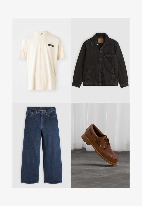 Schwarze Jeansjacke mit Kragen, vorderer Knopfleiste, einer Brusttasche mit Knopf und zwei Seitentaschen.; Hellbeige Baumwoll-T-Shirt mit kurzen Ärmeln und Rundhalsausschnitt. Mit einem dunkelbraunen Logo-Text "DICKIES" auf der linken Brustseite.; Dunkelblaue Jeans mit weitem Bein, Vordertaschen, Knopfverschluss und Gürtelschlaufen, flach auf einem hellen Hintergrund ausgelegt.; Brauner Leder-Bootsschuh mit schwarzen Schnürsenkeln, beigen Nähten und einer robusten Sohle, schwebt über einem grauen Betonboden.