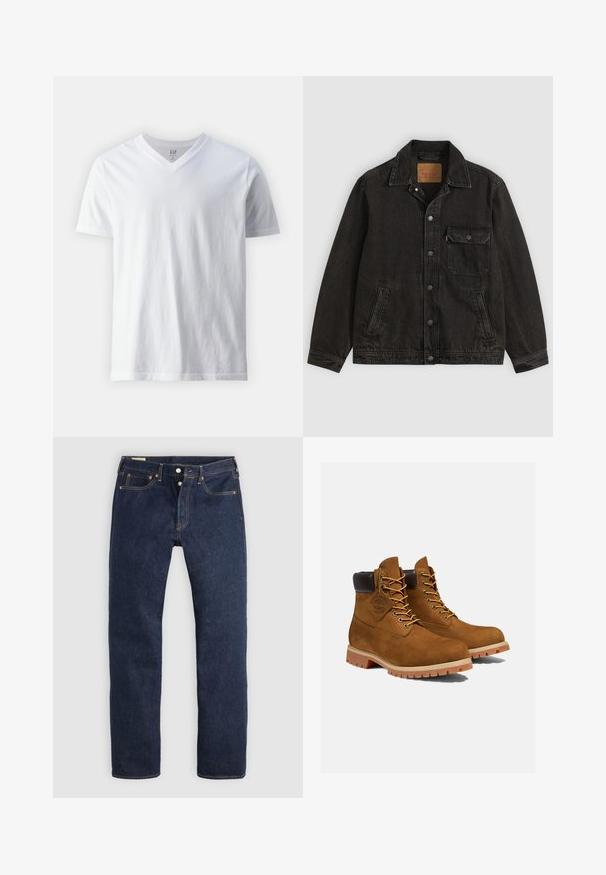 Chaqueta vaquera negra con cuello, cierre frontal de botones, un bolsillo en el pecho con botón y dos bolsillos laterales.; Camiseta blanca de algodón de manga corta y cuello en V. Presenta un diseño liso con una textura suave y un ajuste relajado.; Vaqueros azul oscuro de pierna recta con bragueta de botones, bolsillos delanteros y traseros, y costuras de contraste, dispuestos planos sobre un fondo claro.; Botines de ante marrón con un cuello acolchado negro, ojales dorados y suela de goma gruesa con un patrón de tacos para mayor tracción.