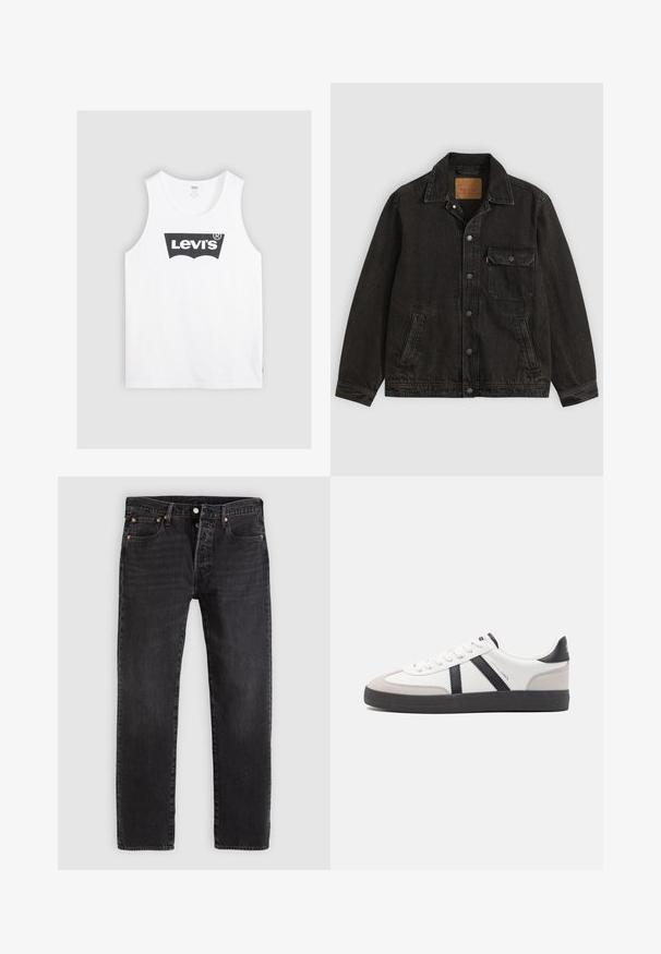 Veste en jean noire avec col, fermeture boutonnée à l'avant, une poche poitrine boutonnée et deux poches latérales.; Débardeur en coton blanc avec un logo Levi's noir au centre. Design simple avec un col rond et de larges emmanchures.; Jean en denim noir à coupe droite, avec deux poches avant, une poche à monnaie et des rivets en métal. Design classique à cinq poches.; Baskets blanches avec des accents noirs et gris, présentant un embout texturé gris, une semelle en caoutchouc noir et des lacets plats blancs. Design épuré, style minimaliste.