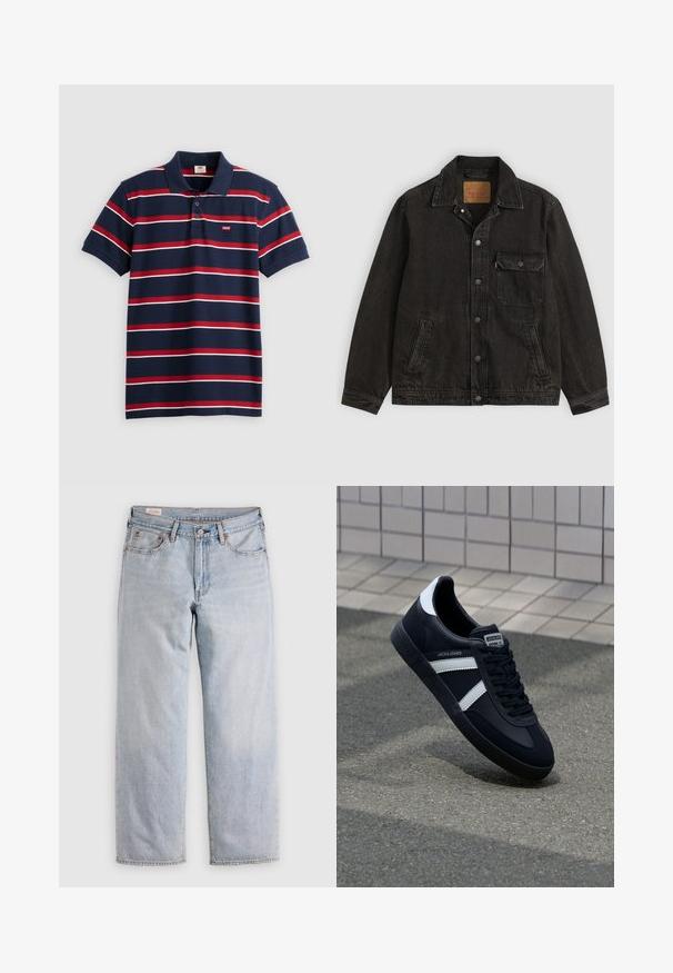 Sort denimjakke med krave, forreste knaplukning, en brystlomme med knap og to sidelommer.; Marineblå polo-shirt med røde og hvide vandrette striber, tre-knaps placket og lille Levi's logo på brystet. Blødt bomuldsstof.; Lyseblå lige ben jeans med høj talje, knaplukning samt for- og baglommer, præsenteret på en flad overflade.; Sort lædersneaker med hvide striber, tekstureret gummisål og snørrebånd foran. Har et brandet mærke på tungen.