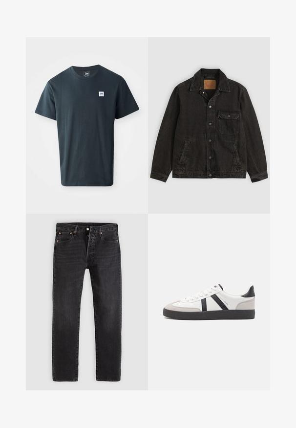 Schwarze Jeansjacke mit Kragen, vorderer Knopfleiste, einer Brusttasche mit Knopf und zwei Seitentaschen.; Dunkelgraues Baumwoll-T-Shirt mit Rundhalsdesign. Beinhaltet ein kleines blau-weißes rechteckiges Logoetikett auf der linken Brust.; Schwarze Denim-Jeans mit geradem Schnitt, ausgestattet mit zwei Fronttaschen, einer Münztasche und Metallnieten. Klassisches Fünf-Taschen-Design.; Weiße Sneaker mit schwarz- und grau-aczenten, ausgestattet mit einer strukturierten grauen Zehenkappe, schwarzer Gummi-Sohle und flachen weißen Schnürsenkeln. Sauberes Design, minimalistische Stil.