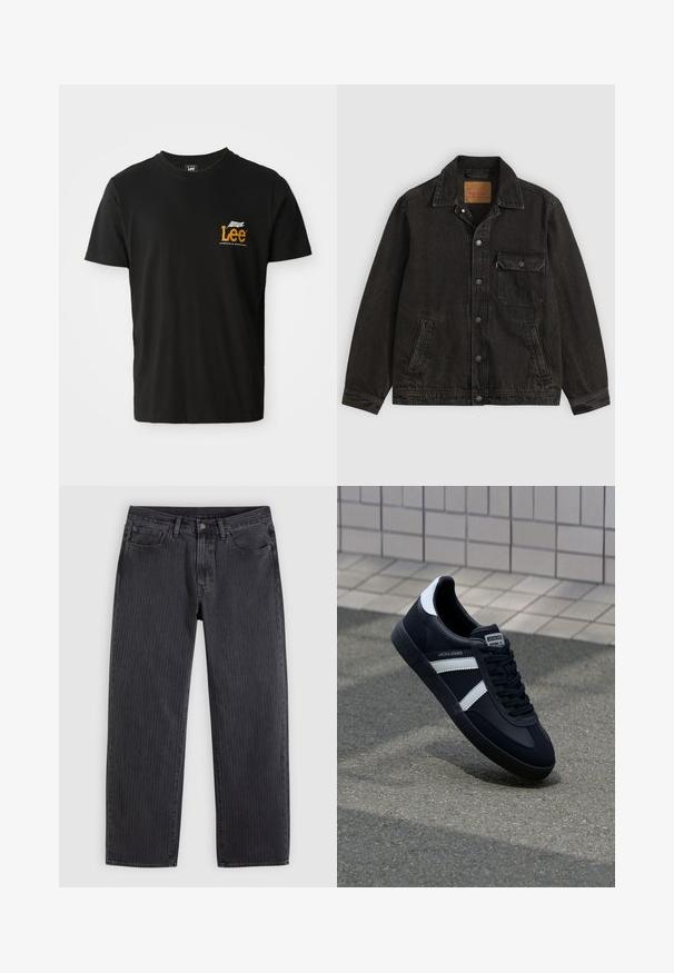 Schwarze Jeansjacke mit Kragen, vorderer Knopfleiste, einer Brusttasche mit Knopf und zwei Seitentaschen.; Schwarzes Baumwoll-T-Shirt mit kurzen Ärmeln, Rundhalsausschnitt, das ein kleines orange-weißes Grafiklogo im linken Brustbereich zeigt.; Schwarze Jeans mit vertikalen Streifen und geradem Schnitt, aus Denim, mit einer vorderen Knopfleiste und fünf Taschen.; Schwarze Leder-Sneaker mit weißen Streifen, strukturiertem Gummisohle und Schnürung. Verfügt über ein Markenetikett auf der Zunge.