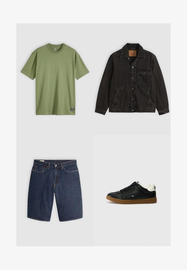 Veste en jean noire avec col, fermeture boutonnée à l'avant, une poche poitrine boutonnée et deux poches latérales.; T-shirt en coton vert olive avec un col rond et des manches courtes. Comprend un petit patch logo discret sur la poitrine et une étiquette de marque tissée à l'ourlet.; Shorts en denim bleu foncé, présentant un design classique avec cinq poches, des coutures surpiquées, une fermeture à bouton et des poches arrière incurvées.; Baskets en cuir noir avec dessus texturé, bout rond et lacets noirs. Présentent un accent de talon blanc et une semelle en caoutchouc marron.