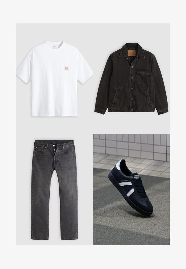 Schwarze Jeansjacke mit Kragen, vorderer Knopfleiste, einer Brusttasche mit Knopf und zwei Seitentaschen.; Weißes T-Shirt mit kurzen Ärmeln und Rundhalsausschnitt sowie einer kleinen Brusttasche vorne mit einem beige-roten rechteckigen Label.; Verblasste schwarze Jeans aus Denim mit geradem Schnitt, Knopfleiste und Kupfernieten. Verfügt über fünf Taschen und dezente Gebrauchsspuren.; Schwarze Leder-Sneaker mit weißen Streifen, strukturiertem Gummisohle und Schnürung. Verfügt über ein Markenetikett auf der Zunge.