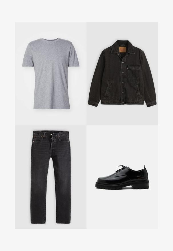 Sort denimjakke med krave, forreste knaplukning, en brystlomme med knap og to sidelommer.; Grå, kortærmet t-shirt lavet af en bomuldsblanding, der har en klassisk crew neckline og en glat, blød tekstur.; Sorte jeans i denim med en lige pasform, der har to forlommer, en møntlomme og metalnitter. Klassisk design med fem lommer.; Sort poleret læder snørestøvle med tyk gummisål og lav hæl, sideskilt med mærketekst "SAMSOE" og bageste træksnor.