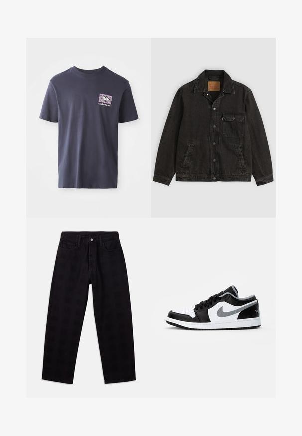 Schwarze Jeansjacke mit Kragen, vorderer Knopfleiste, einer Brusttasche mit Knopf und zwei Seitentaschen.; Marineblaue Baumwoll-T-Shirt mit Rundhalsausschnitt und kurzen Ärmeln. Mit einem geometrischen Grafikdruck in Lila und Weiß auf der linken Brust.; Schwarze Jeans aus Denim mit lockerem Schnitt, ausgestattet mit Knopfverschluss, Fünf-Taschen-Design und dezentem, strukturiertem Muster im Stoff.; Jordan AIR JORDAN 1 - Sneaker low - black/particle grey-white