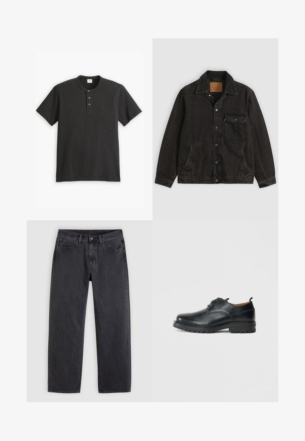 Schwarze Jeansjacke mit Kragen, vorderer Knopfleiste, einer Brusttasche mit Knopf und zwei Seitentaschen.; Schwarzes Kurzarm-Polohemd aus Baumwolle, mit einer Knopfleiste mit drei Knöpfen und einem kleinen Logo auf der linken Brust.; Schwarze Jeans mit vertikalen Streifen und geradem Schnitt, aus Denim, mit einer vorderen Knopfleiste und fünf Taschen.; Schwarze Leder Derby-Schuhe mit glatter Textur, runder Zehenform, Schnürdesign und einer dicken, robusten Gummisohle.