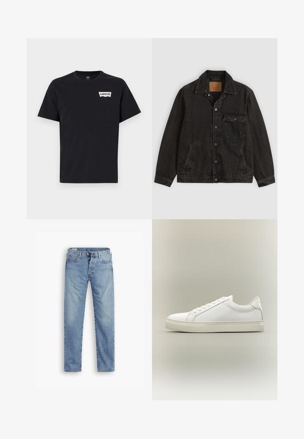 Schwarze Jeansjacke mit Kragen, vorderer Knopfleiste, einer Brusttasche mit Knopf und zwei Seitentaschen.; Schwarzes Baumwoll-T-Shirt mit kurzen Ärmeln, Rundhalsausschnitt und einem kleinen weißen Levi's-Logo auf der linken Vorderseite.; Hellblaue Denim-Jeans mit geradem Schnitt. Sie verfügen über einen Knopfverschluss, fünf Taschen und eine leicht verwaschene Textur.; Weißer Sneaker mit niedrigem Schaft, vorn mit Schnürung und dicker Sohle, aus der Seitenansicht vor neutralem Hintergrund.