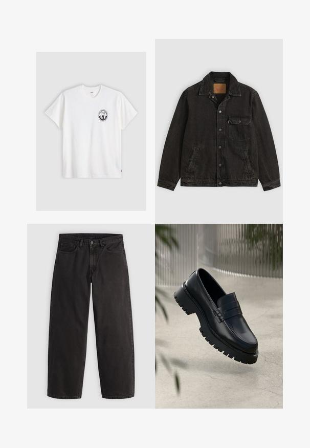 Sort denimjakke med krave, forreste knaplukning, en brystlomme med knap og to sidelommer.; Hvid bomulds t-shirt med korte ærmer, rund hals og et sort cirkulært logo på venstre bryst med et stiliseret design.; Sorte denimjeans med lige ben, fem lommer og bæltestropper, vist fladt på en ensartet lys baggrund.; Sorte læder loafers med en chunky sål, der har en dekorativ rem og syninger. Glat tekstur med en poleret overflade.