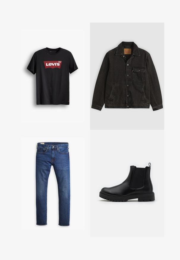 Schwarze Jeansjacke mit Kragen, vorderer Knopfleiste, einer Brusttasche mit Knopf und zwei Seitentaschen.; Schwarzes Baumwoll-T-Shirt mit Rundhalsausschnitt. Mit einem großen roten Levi's-Logo auf weißem Hintergrund und einem kleinen roten Etikett an der unteren Seite.; Blaue Jeans aus Denim mit geradem Bein, fünf Taschen, einem Knopf- und Reißverschluss und kontrastierenden goldenen Nähten.; Zign LEATHER - Stiefelette - black