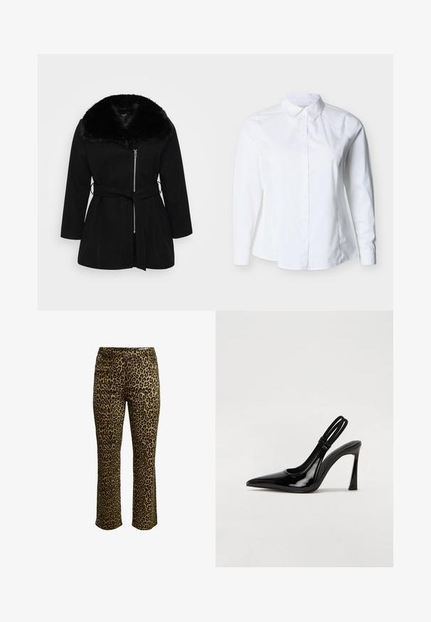 Zwarte pea-coat met een nepbont kraag, ritssluitingen aan de voorkant, lange mouwen en een riem in de taille. Zachte textuur en taillering.; Witte blouse met lange mouwen, knoopsluiting, scherpe kraag en getailleerde taille, afgebeeld tegen een lichte achtergrond.; Een broek met luipaardprint, met een slim fit, knoopsluiting en gestikte tailleband met een lichte stretch voor comfort.; Zwarte gepatineerde leren slingback pump met puntige neus, slanke hoge hak en dubbele elastische band voor een veilige pasvorm. Gladde, glanzende oppervlakte.