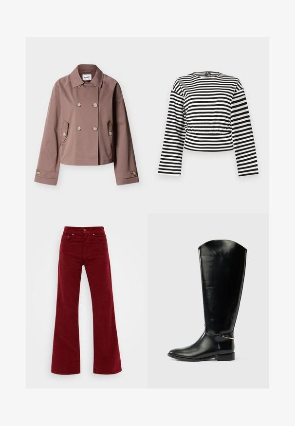 Brun dobbeltradet jakke med hakkrave, to forlommer, manchet med knapper og knapdetaljer foran og på ærmerne.; Sort-hvidt, vandretstribet langærmet cropped top med rund halsudskæring og let rynket taljedetalje.; Bordeaux farvede fløjl flared jeans med høj talje, fem lommer og knaplukning foran. Blød tekstur med brede ben.; Høj sort læderstøvle med spids tå, lav hæl og sølvfarvet metaldetalje ved anklen på en ens hvid baggrund.