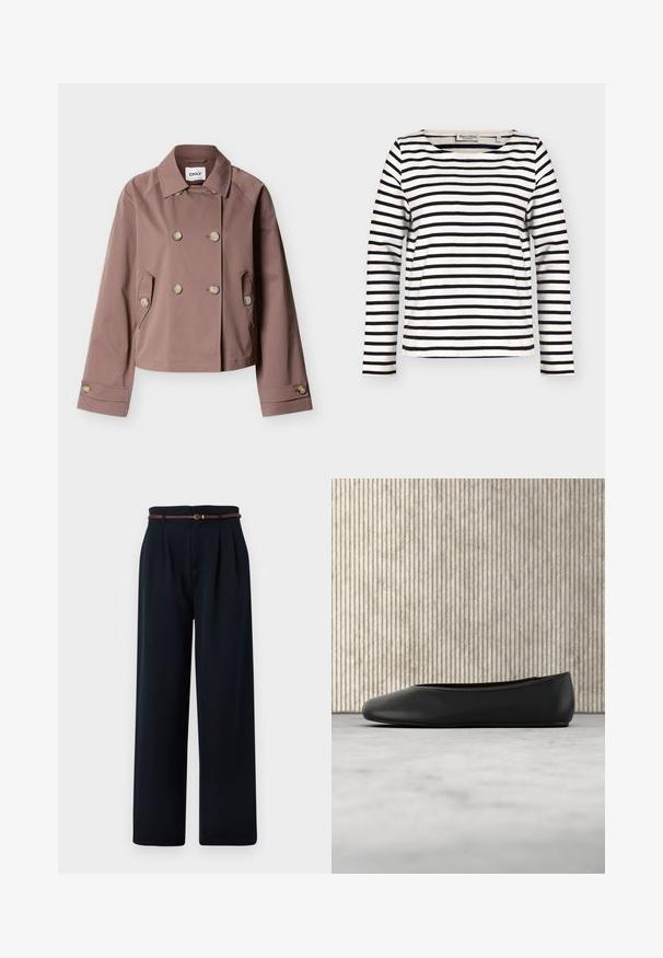 Chaqueta marrón cruzada con solapa de muesca, dos bolsillos frontales, puños con botones y detalles de botones en el frente y las mangas.; Camisa blanca de manga larga con rayas horizontales negras y cuello redondo, talla grande, etiqueta de marca en el interior del cuello.; Pantalones negros de talle alto y pierna ancha con pinzas y un cinturón trenzado fino marrón, mostrados sobre un fondo blanco.; Bailarinas de cuero negro con punta redondeada, textura suave y un acento de logo dorado en el costado. Posicionadas sobre una superficie reflectante.
